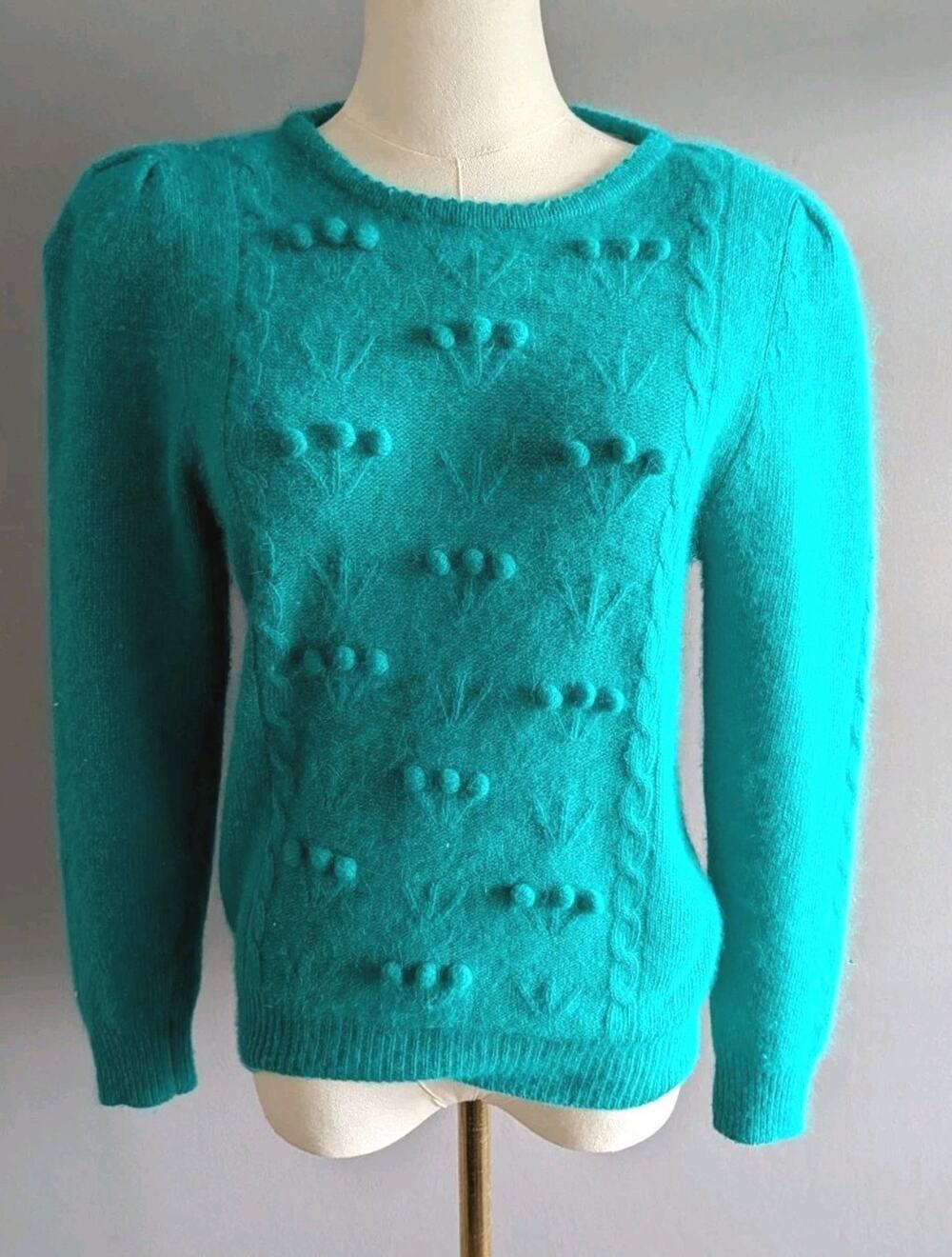 Vintage Marnie West Wool Angora Knit Sweater S Turquoise Teal Puff Sleeve 80s